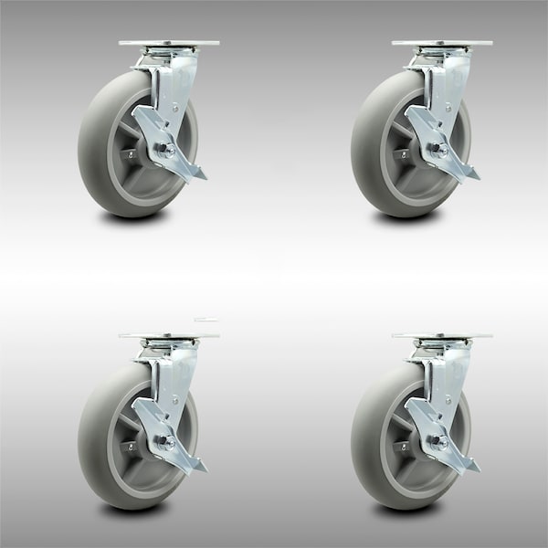 8 Inch SS Thermoplastic Rubber Caster Set with Roller Bearings&Brake/Swivel Lock